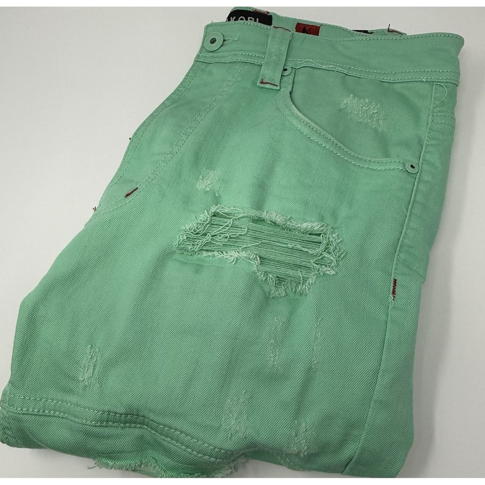 Makobi Men Denim Shorts 32 Green Distressed Designer Stretch Zip Up 5 Pockets